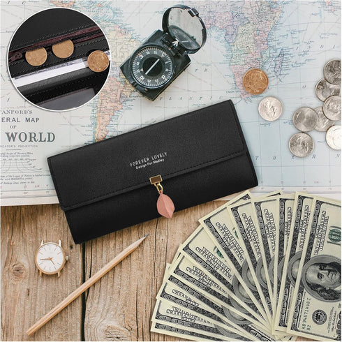 FuninCrea Purses for Women with Leaf Pendant, PU Leather Ladies Purse with Metal Snap Button, Bifold Womens Purse Long Leather Purse with Multiple...