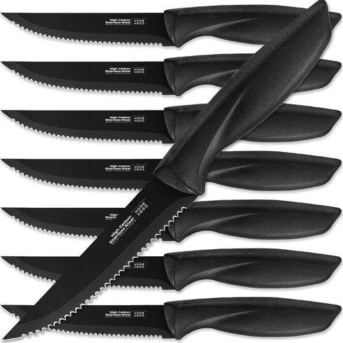 Home Hero Steak Knives, High-Carbon Stainless Steel Knife Set, Ergonomic Handles Serrated Steak Knives (8 Pcs - Black)...