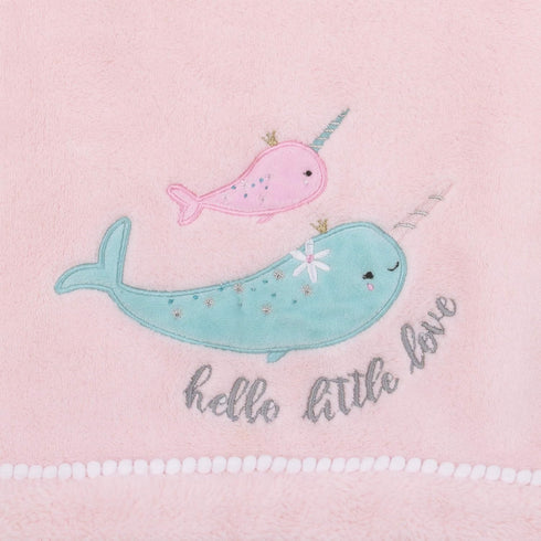 NoJo Under The Sea Whimsy Pink and Blue Narwhals Super Soft Appliqued Baby Blanket...