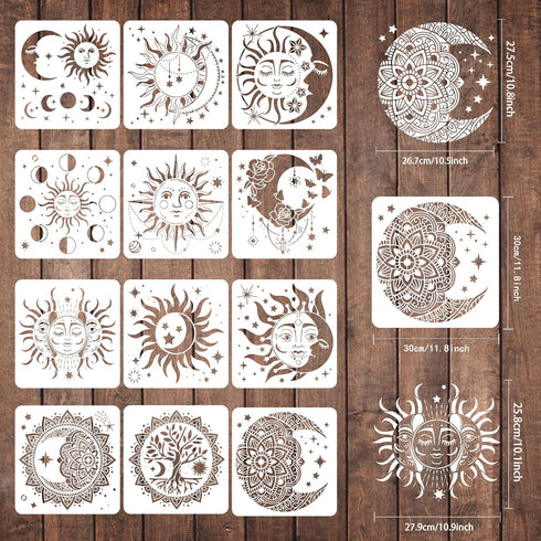 FINGERINSPIRE 12 Pcs Sun and Moon Stencil 11.8x11.8 inch Mandala Sun Moon Stencils Plastic Moon Sun Flower Star Pattern Stencils Resuable Tree of ...