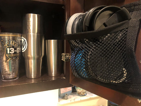 Cabinet Lid Organizer - Red Mesh - Holds 20 Lids - Easy Install Velcro...