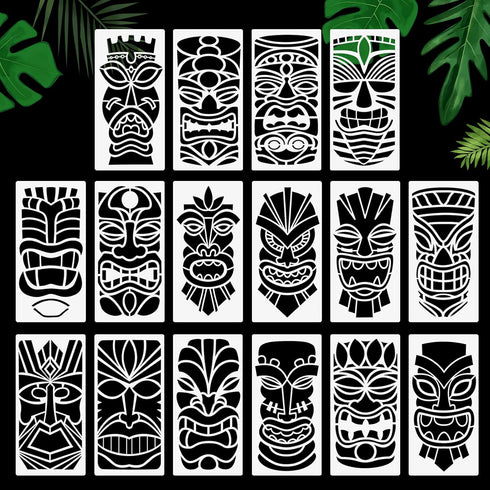 Tiki Tribe Stencils, 16 Pcs Tiki Totems Face with Open Mouth Stencils Reusable Template A4 Size for Painting on Wood Fabric Canvas Wall DIY Art Pr...