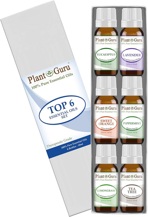 Essential Oil Set 6-10 ml Therapeutic Grade 100% Pure Tea Tree, Lavender, Eucalyptus, Lemongrass, Peppermint & Sweet Orange. for Skin, Body and Ar...