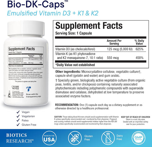 Biotics Research Bio-DK Caps™–Emulsified Vitamin D and K, Vitamin D3 125 mcg & Vitamin K (k1,k2) 550 mcg- MK7– Vitamin D3 K2 K1, Stronger Bones, M...
