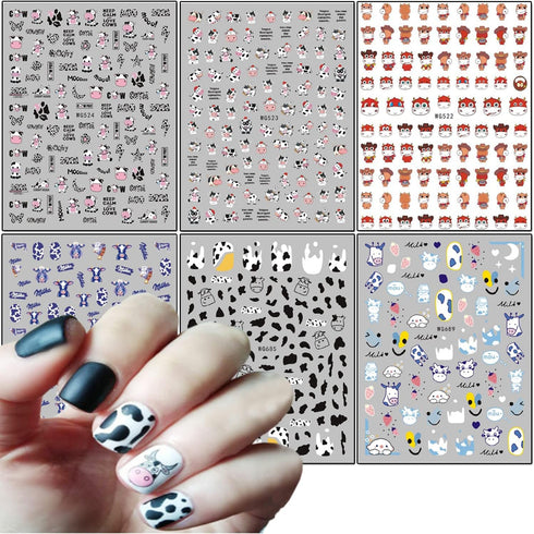 Cute Cow Nail Art Stickers, Cartoon Cow Nail Decals 3D Self-Adhesive Nail Sticker Design Holographic Cattle Nail Art Decal Decoration for Women Gi...