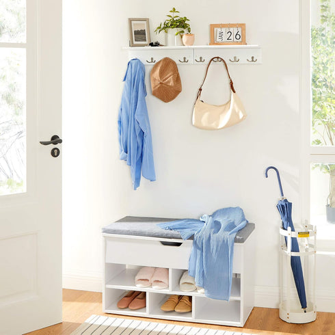 SONGMICS Entryway Hanging Coat Rack, Wall-Mounted Wooden Shelf, with 4 Double Hooks, Wall Floating Shelf, White ULHR42WT...