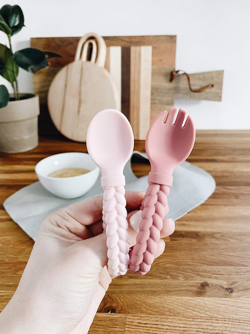 Itzy Ritzy Silicone Spoon & Fork Set; Baby Utensils Featuring a Baby Fork and Spoon with Looped, Braided Handles - Made of 100% Food Grade Silicon...
