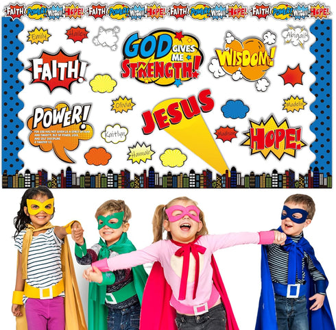 Religious Hero Bulletin Board Set, Super Theme Hero Jesus Religious Decor Bulletin Board Cutouts, Christian Sunday School Preschool Classroom Deco...