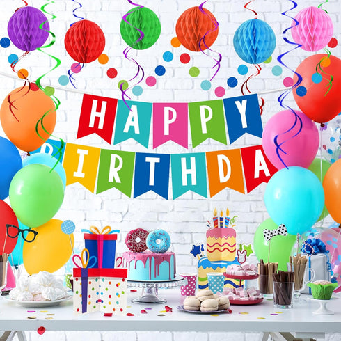 Happy Birthday Decorations Kit: Happy Birthday Banner,Birthday Dots Design Plastic Backdrop, Circle Confetti Garland, Swirl Streamers, Honeycomb B...