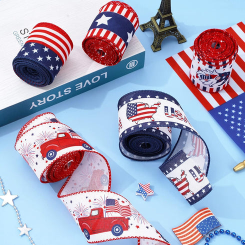Whaline 30 Yards Patriotic Wired Edge Ribbon 4th of July Star Strip Burlap Ribbon Red Blue White American Flag Truck Gnome Wrapping Ribbon for Ind...