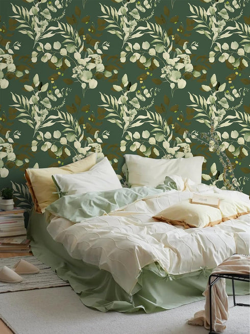 HAOKHOME 93042-4 Peel and Stick Wallpaper Boho Sage Green Eucalyptus Leaf Floral Wall Mural Home Nursery Decor Renter Friendly Wallpaper 17.7in x ...
