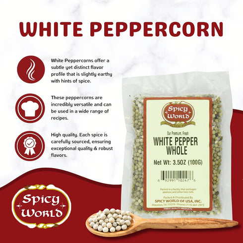 Spicy World Whole White Pepper 3.5 Ounce | 100% Natural & Pure | White Peppercorns | Peppercorn for Grinder Refill | Premium Quality White Pepperc...