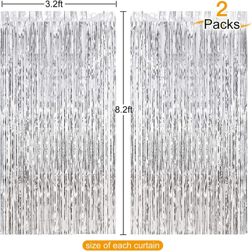 CHRORINE 2pcs 3ft x 8.3ft Silver Tinsel Foil Fringe Curtains Streamers Backdrop for Birthday Graduation Engagement Bridal Shower Bachelorette Baby...