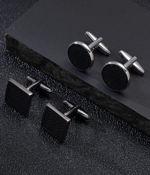 2 Pairs Classic Tuxedo Cufflinks for Men Bridegroom Flat Square Round Knot Cuff Links For Business Wedding Silver Black Tone...