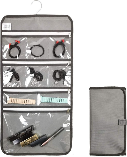 Travel Foldable Jewelry Rolls Bag Hanging Jewelry Organizer with 9 Zippered Clear Pockets Storage Pouch with Rotatable Hanger (GREY)...