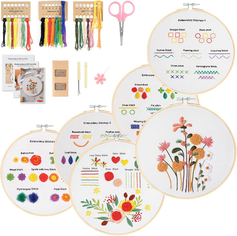 6 Sets Embroidery Kit for Beginners Embroidery Kit for Adults &Kids to Learn 28 Basic Embroidery Stitch Practice Kit,includes Stamped Flower Patte...