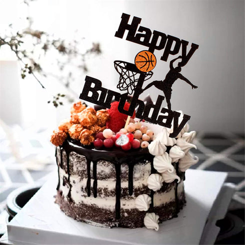 Unimall Basketball Happy Birthday Cake Topper Basketball Scene Themed Cake Fruit Picks for Man Boys Father Birthday Event Party Supply Black Glitt...