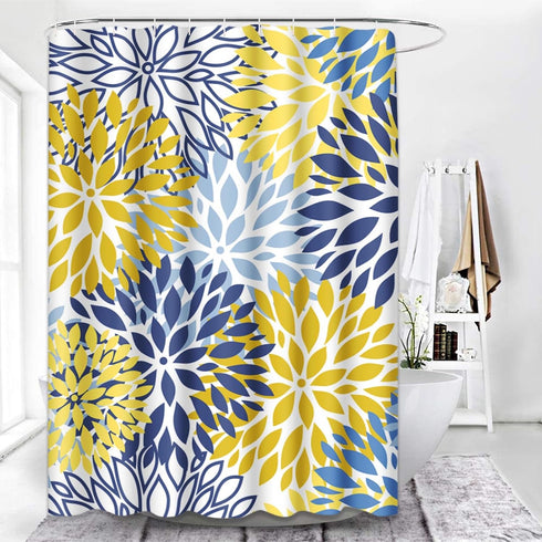 Shower Curtain Green Spring Flower Blue Yellow and Navy Chrysanthemum Brown Waterproof Polyester Fabric Bathroom 72 x 72 Inches Set with Hooks...