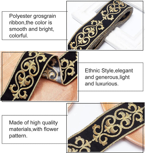PH PandaHall 1.75 Inch Jacquard Ribbon, 4 Yards Hot Adhesive Floral Trim Black Gold Embroideried Lace Trim Woven Ribbon Fabric Trim Fringe for Sew...