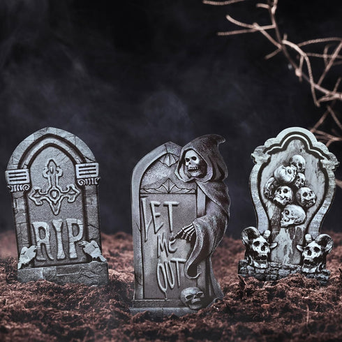 6-Piece Halloween Tombstone Yard Signs with Stakes - Large Eerie Graveyard Design, Spooky Skulls and RIP Messages for Haunted House, Outdoor Garde...