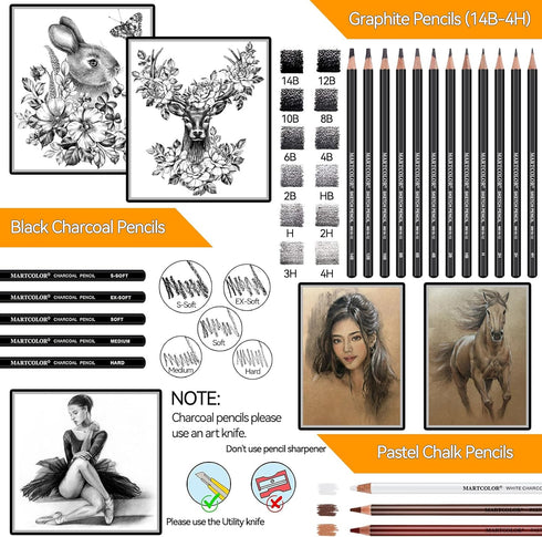 Drawing Sketching Pencils Set, 34 Pieces Pro Art Pencil Kit - Graphite Pencils (14B-4H), Charcoal Pencils, Charcoal Sticks, Artist Pencils for Beg...