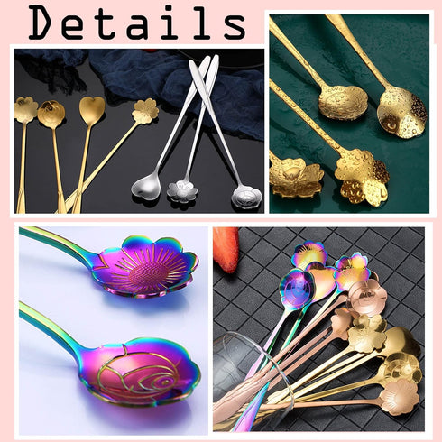 Flower Spoon Coffee Teaspoon Set, PBIEHSR Stainless Steel Tea Spoon Two Different Lengths Dessert Spoon for Stirring Drink Mixing Milkshake Jam, S...