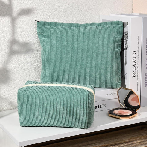 2 Pieces Corduroy Green Makeup Bag Large Corduroy Cosmetic Bag Capacity Canvas Travel Toiletry Bag Organizer Cute Makeup Brushes Aesthetic Accesso...