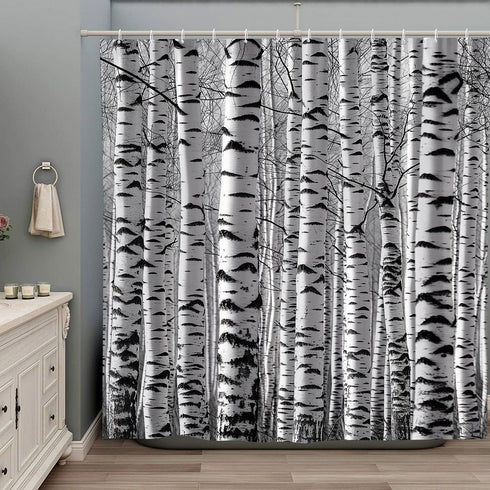 Birch Trees Shower Curtain Forest Mottled Trunk Tree Branch Outdoors Nature Theme Winter Rustic Landscape Bathroom Accessories Set with Hooks 70Wx...
