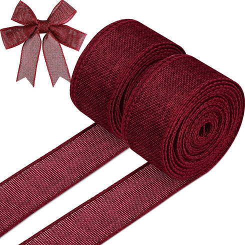 Shappy 2 Rolls Burgundy Burlap Ribbon Wine Red Wired Edge 1.5 Inch for Wreaths Solid Maroon Fabric Ribbons Wrapping Bow Craft Home Wedding Decorat...