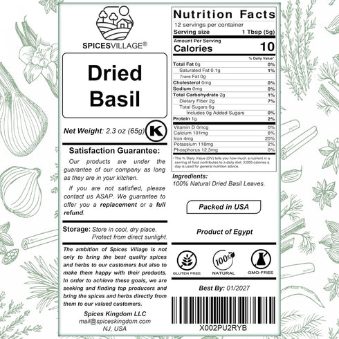 SPICES VILLAGE Dried Basil (2.3 oz), Basil Spice, All Natural Fresh Leaves, Pure Mediterranean Seasoning - Kosher Certified, Gluten Free, Non GMO,...