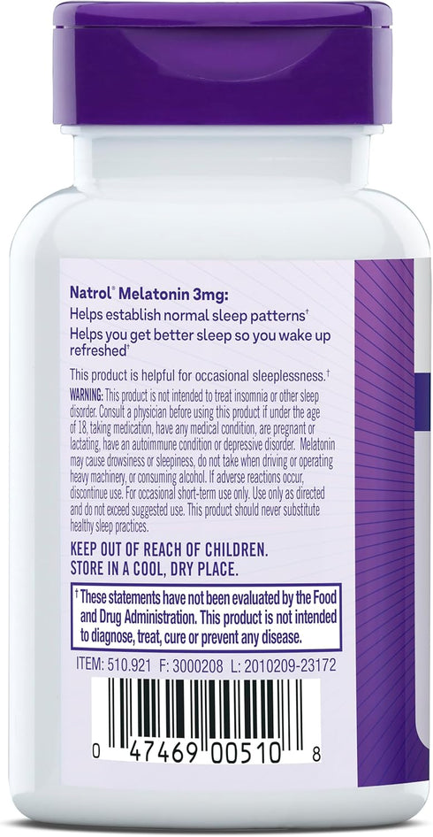 Natrol Melatonin 3 mg, Dietary Supplement for Restful Sleep, Sleep Supplements for Adults, 60 Melatonin Tablets, 60 Day Supply...