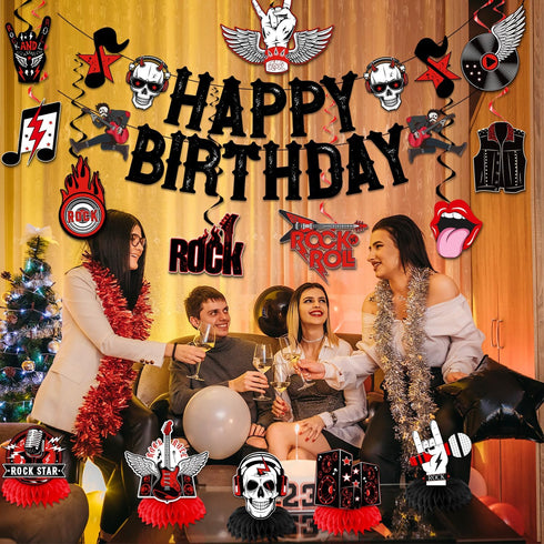 LARRAZABAL Rock and Roll Birthday Party Decorations Music Themed Party Decorations Include Happy Birthday Banner Hanging Swirls and Honeycomb Cent...