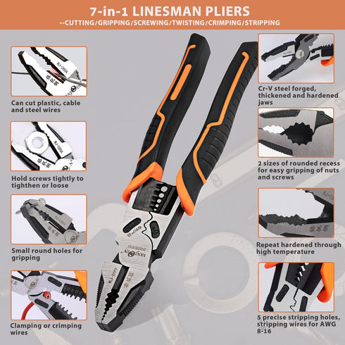 Lineman Pliers, 9-inch High Leverage Linesman Pliers, 6-in-1 Combination Lineman Pliers, Heavy Duty Side-cutting Pliers with Screw Remover/Wire St...
