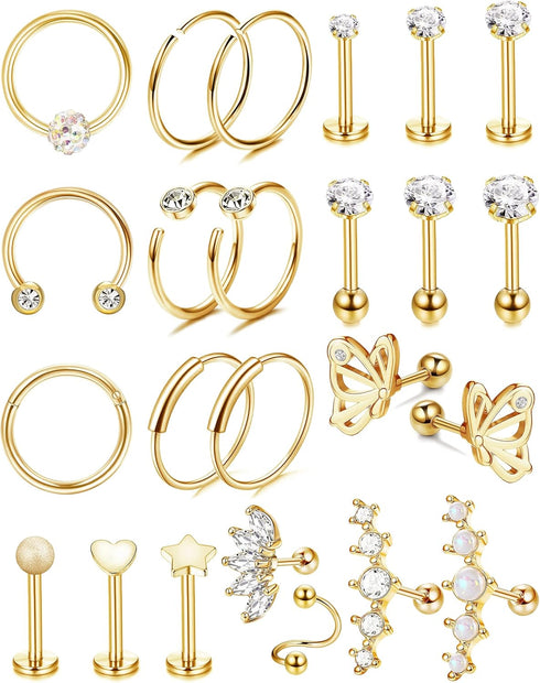 YADOCA 24PCS 16G Cartilage Earring for Women Men Surgical Steel Cartilage Stud Earring Hoop Set Lip Rings CZ Opal Hypollergenic Screw Back Earring...