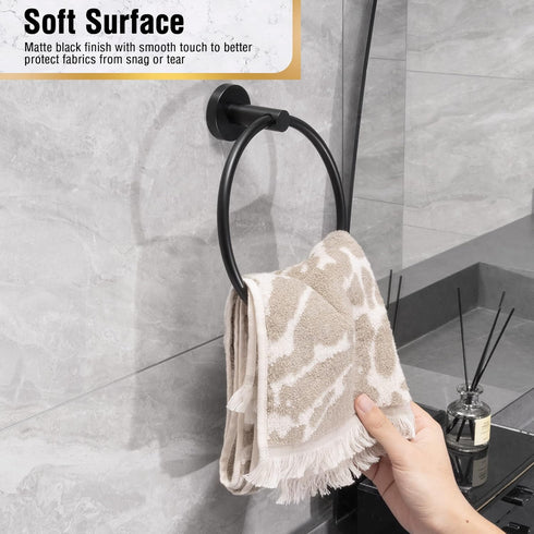 HITSLAM Matte Black Towel Ring for Bathroom, SUS304 Stainless Steel Hand Towel Holder Wall Mounted, Modern Simple Round Kitchen Hand Towel Ring wi...