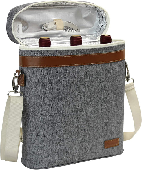 3 Bottle Insulated Wine Tote Carrier Bag, Portable Travel Padded Wine Cooler - Corkscrew Opener, Handle and Adjustable Shoulder Strap, Wine Lover ...