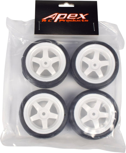 Apex RC Products 1/10 On-Road 12mm White 5 Spoke Wheels V Tread Rubber Tires (Set of 4) #5015...