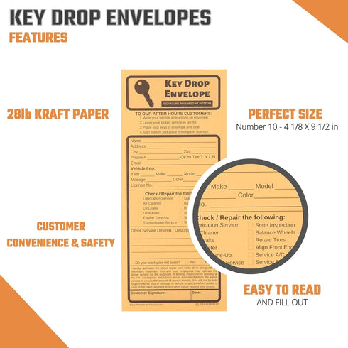 50 Key Drop Off Envelopes for After Hours – Auto Shop Repair/Service Drop Box Overnight Envelopes - Automotive Mechanic Car Drop Off for Overnight...