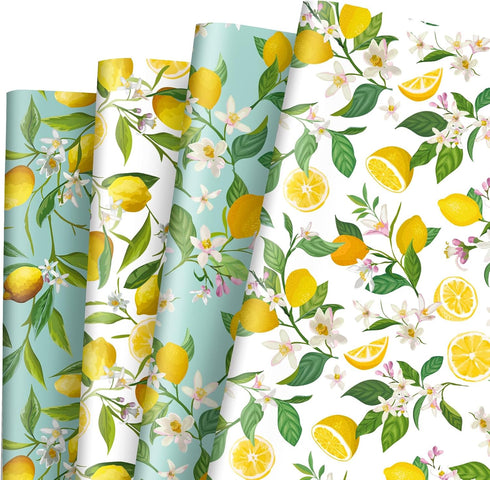 Generic AnyDesign 12 Sheets Summer Lemon Wrapping Paper - Not Roll - Watercolor Lemon Flowers Gift Wrap Paper Bulk Folded Flat Art Paper for Summe...