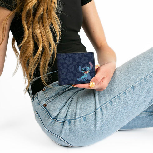 Buckle-Down Men's Disney Wallet, Bifold, Stitch Winking Pose Tropical Flora Blues, Vegan Leather, Multicolor, Standard Size...