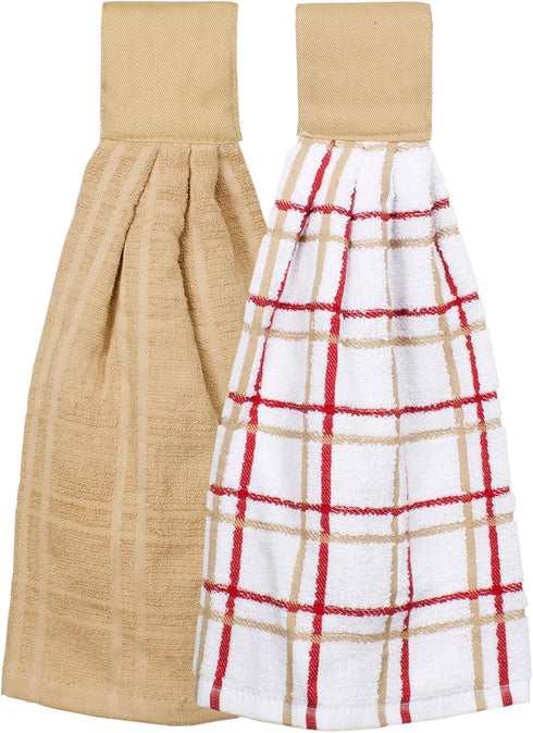 Ritz Premium 100% Cotton Solid and Multi Check Kitchen Tie Towel, Absorbent, Super Soft, and Fast Drying Hang Towel, Set of Two, Biscotti...