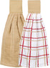 Ritz Premium 100% Cotton Solid and Multi Check Kitchen Tie Towel, Absorbent, Super Soft, and Fast Drying Hang Towel, Set of Two, Biscotti...