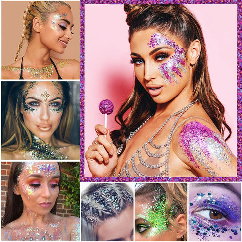 4 Colors of Holographic Chunky Glitter with Quick Dry Glue Pack 5, 4 Pots Total 40g Multi-Shaped for Body Hair Face Eyes Make-up, Nail Art and Bed...