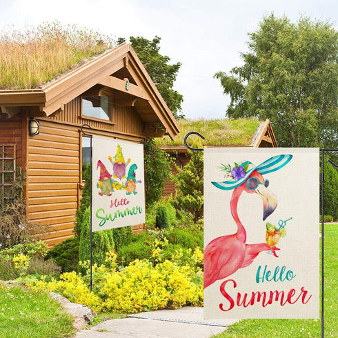 2 Pack Summer Garden Flags 12x18 Double Sided, Vertical Burlap Hello Summer Flamingo Garden Flag, Gnome Yard Flag for Home Outdoor Seasonal Decor...