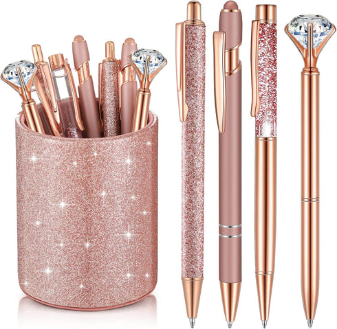 Sabary 8 Pcs Ballpoint Pens with Pen Holder for Desk Metal Crystal Diamond Pen Glitter Pencil Holder Fancy Pens Black Ink Bling Desk Organizer for...