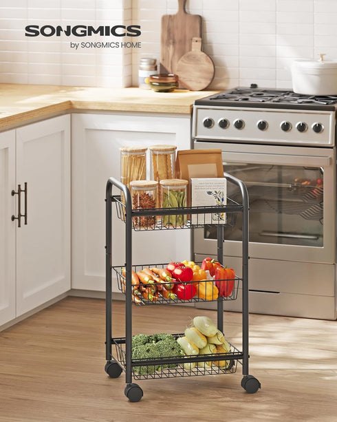SONGMICS 3-Tier Metal Rolling Cart on Wheels with Baskets, Lockable Utility Trolley with Handles for Kitchen Bathroom Closet, Storage with Removab...