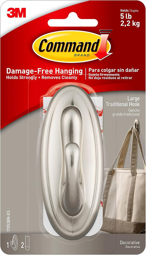 3M Command 17053BN Traditional Plastic Hook, Large, Brushed Nickel...