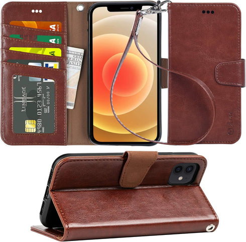 Arae Compatible with iPhone Case Wallet Flip Cover with Card Holder and Wrist Strap for iPhone (iPhone 12/12 Pro (6.1"), Brown)......