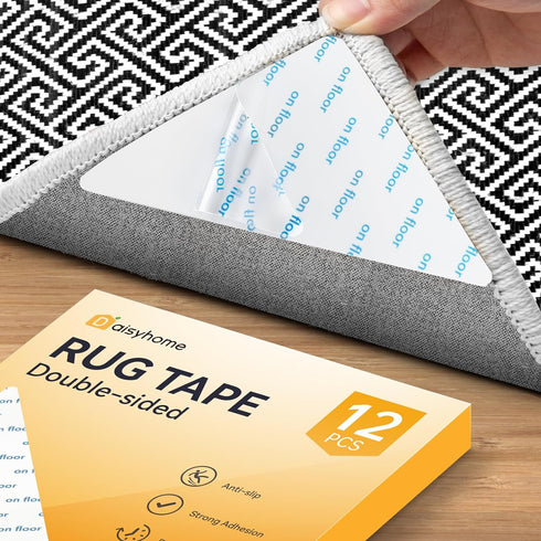 12 PCS Rug Tape, Rug Pad Gripper for Hardwood Floors, Double Sided Adhesive Carpet Tape, Reusable Anti Slip Rug Grips for Area Rugs to Keep Rugs i...