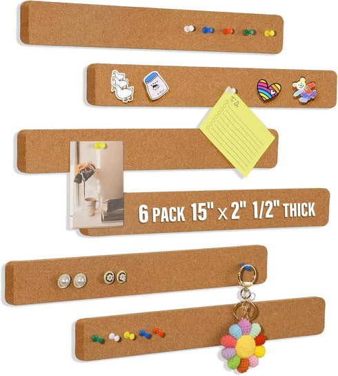 Cork Boards for Walls, 6 Pack 15 x 2 x 0.5 in Adhesive Cork Board Strips for Walls Office with 50 Push Pins for Paste Notes, Photos, Schedules, Ph...